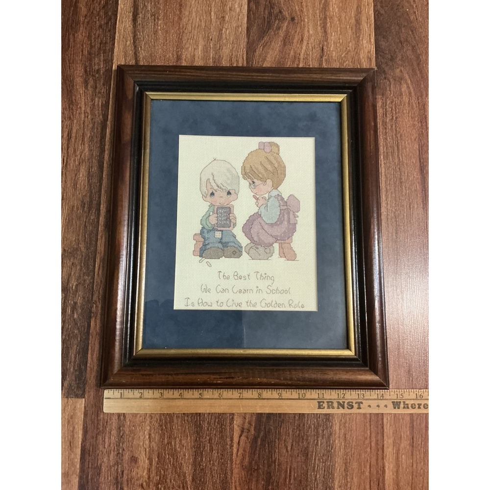 Vtg Handmade Precious Moments Cross Stitch Framed  GOLDEN RULE 14.5in x 17.5in
